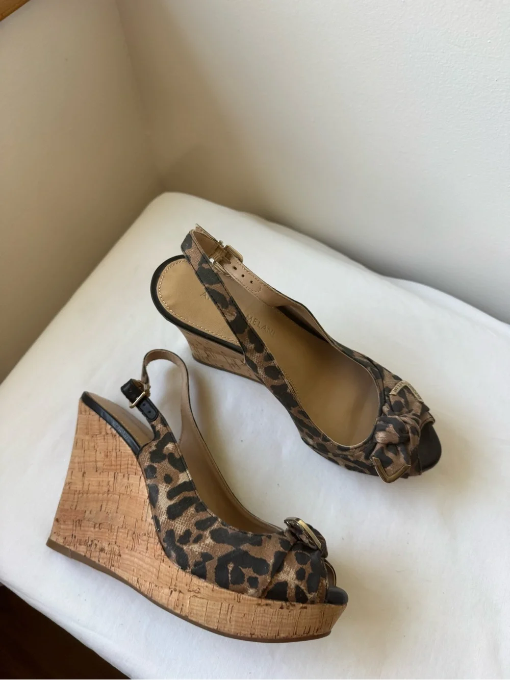 Y2K Antonio Melanie Leopard Cork Wedge Slingback Heels Peep Toe PlatformSize 8.5